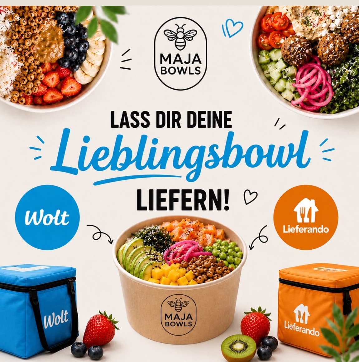 Grafik: Lass dir deine Lieblingsbowl liefern – Maja Bowls gibt es bei Wolt und Lieferando